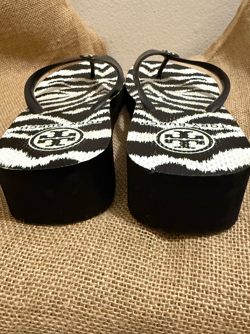 Tory Burch Wedge Black and White Zebra-Print Logo Flip Flops - Picture 4 of 6
